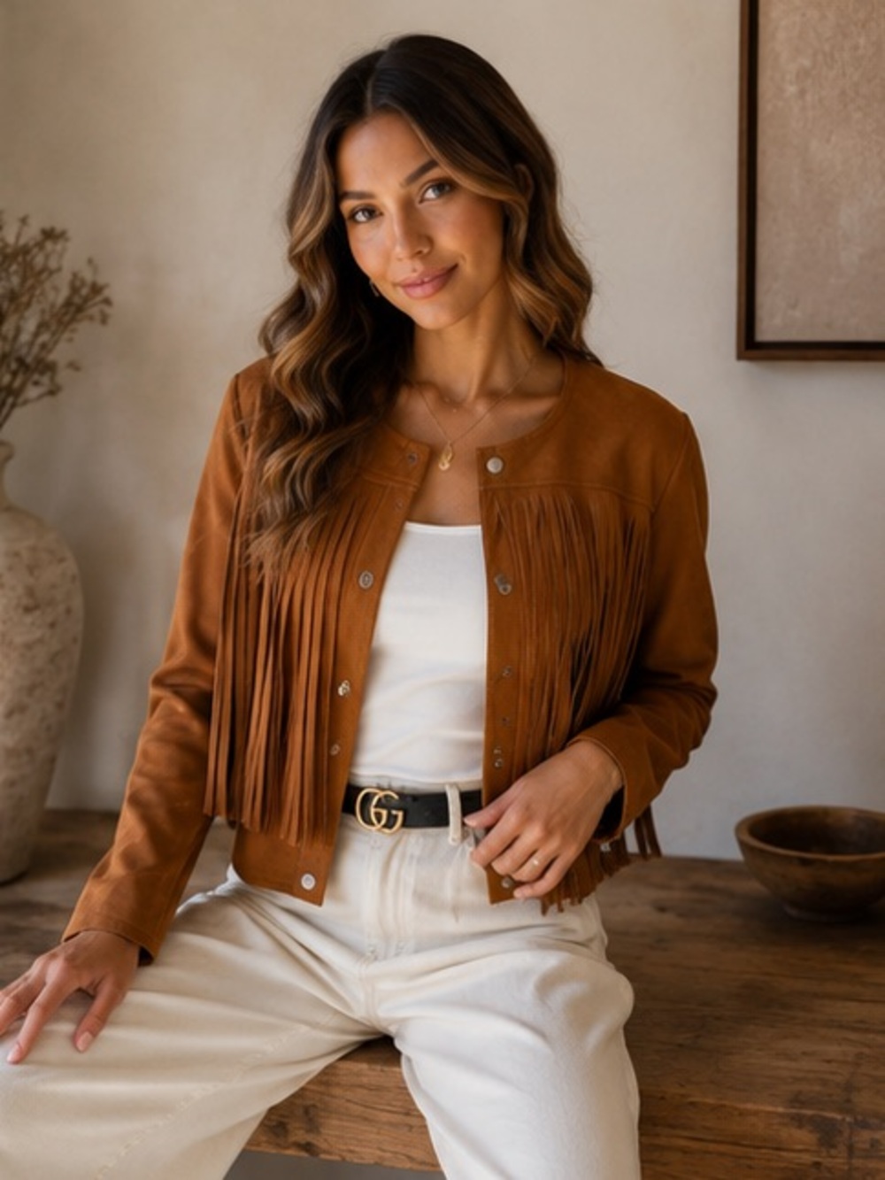ShopEvelynne Tan Fringe Jacket